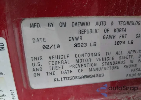 2010 Chevrolet Aveo Lt from USA, damaged, VIN KL1TD5DE5AB094023